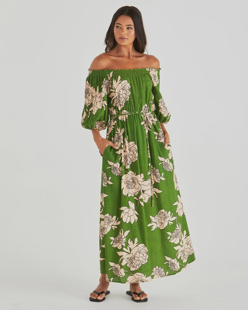 SASS ANTONIE OFF SHOULDER DRESS- MOONFLOWER GREEN