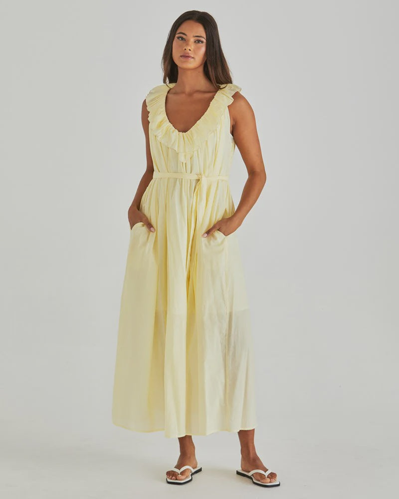 SASS LILLA RUFFLED NECK DRESS - BUTTER YELLOW