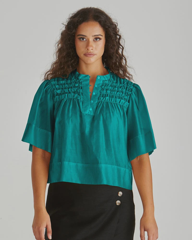 SASS FILLIP RUFFLE YOKE BLOUSE - SEA GREEN WAS $99.99 <<<<SALE>>>>