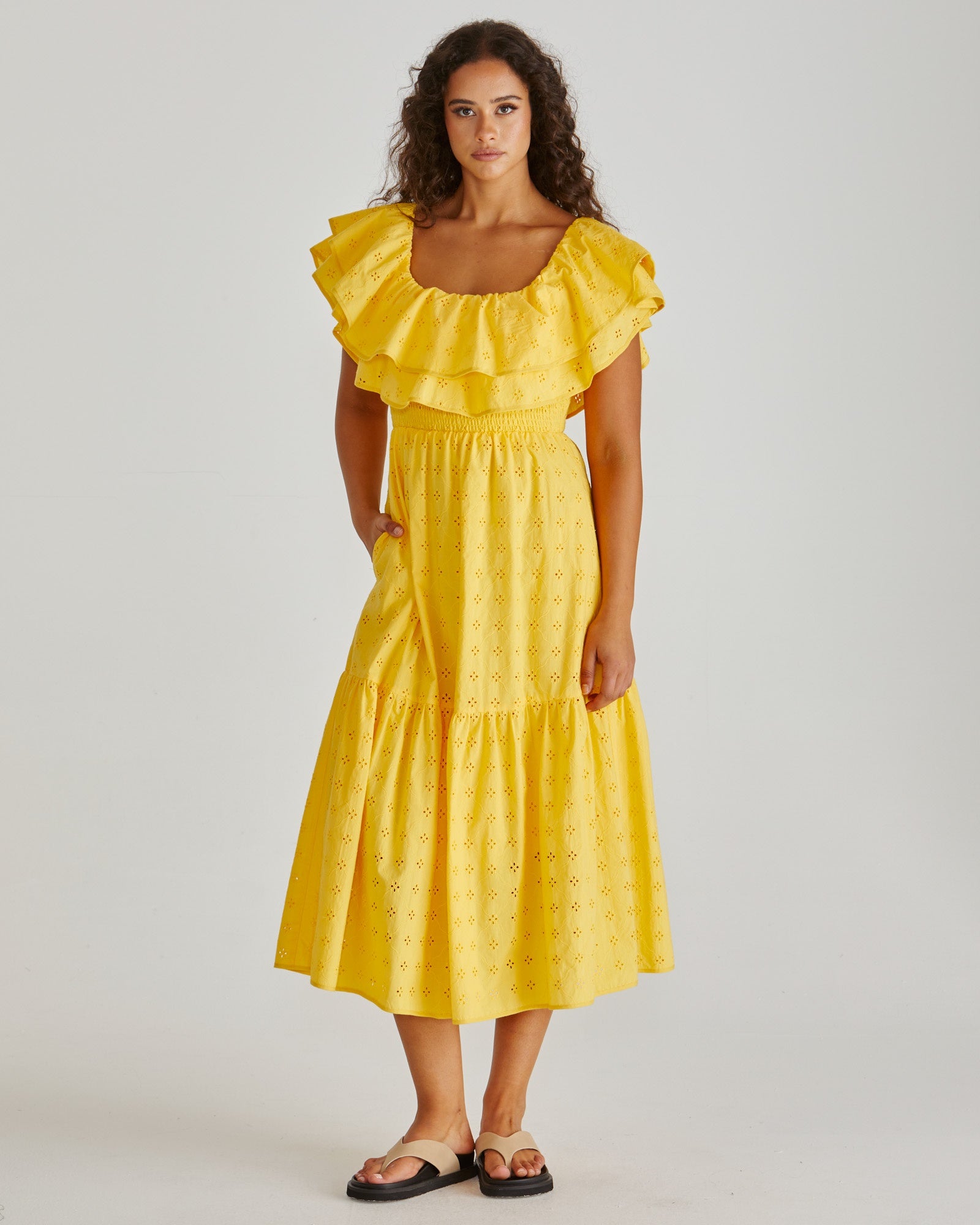SASS LENNY RUFFLE OFF SHOULDER DRESS  $179.99<<<<SALE>>>>- YELLOW