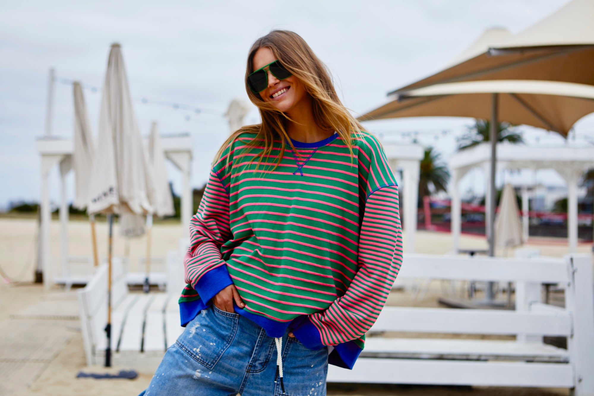 HAMMILL + CO STRIPED SWEATSHIRT - GREEN/PINK