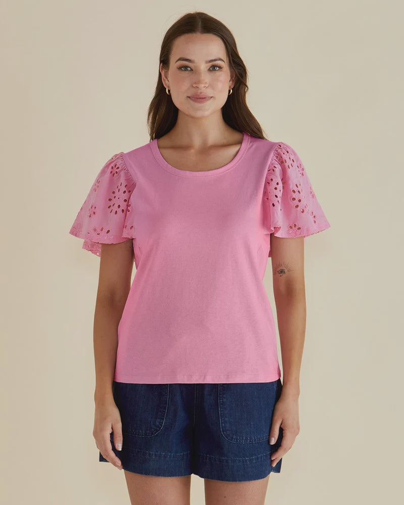 BETTY BASICS LOTTIE EMBROIDERED TEE - PINK