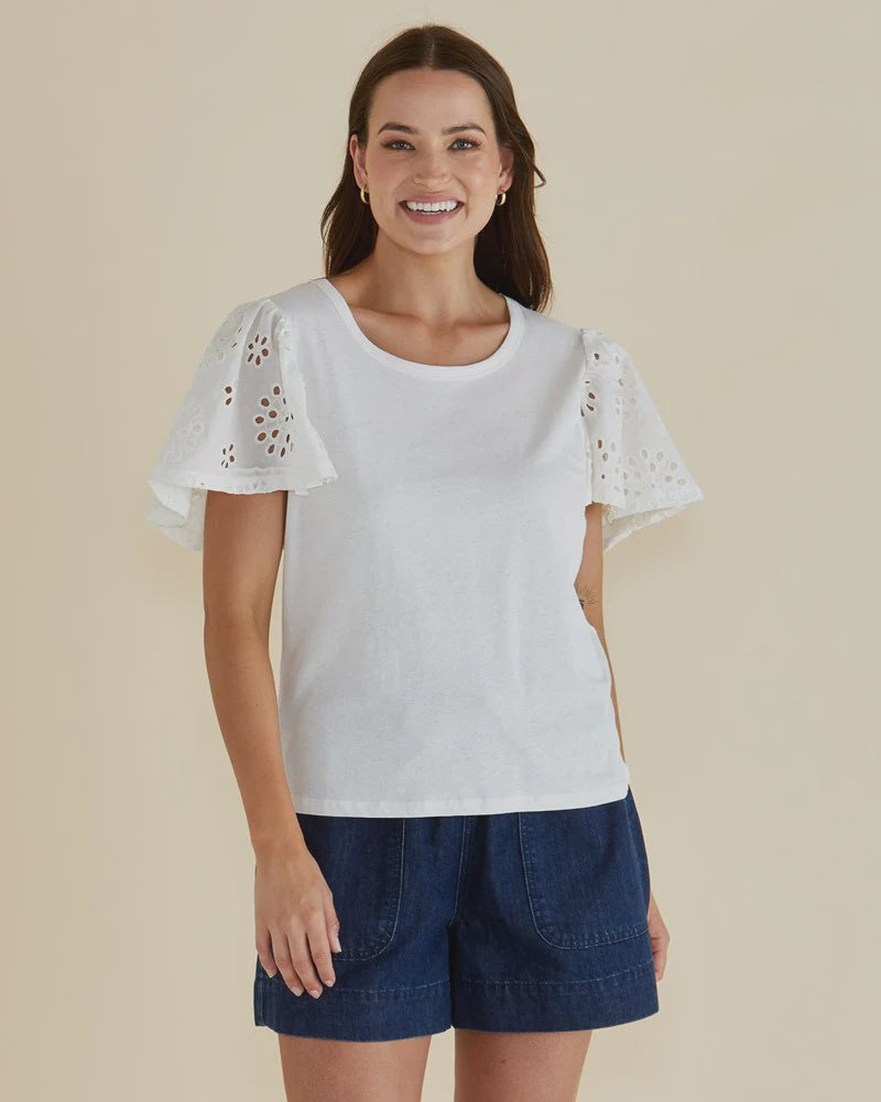 BETTY BASICS LOTTIE EMBROIDERED TEE - WHITE