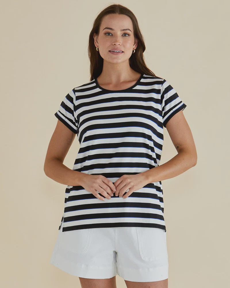 BETTY BASICS CAIA CREW TEE - BLUE/BLACK STRIPE