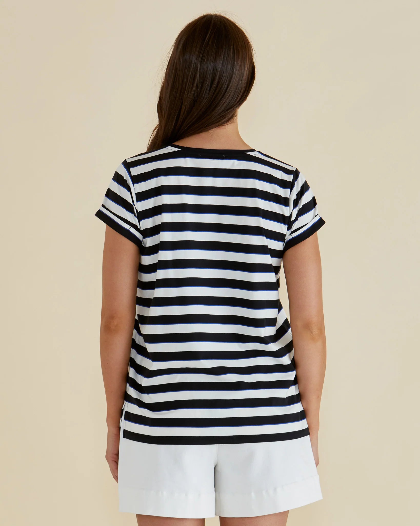 BETTY BASICS CAIA CREW TEE - BLUE/BLACK STRIPE