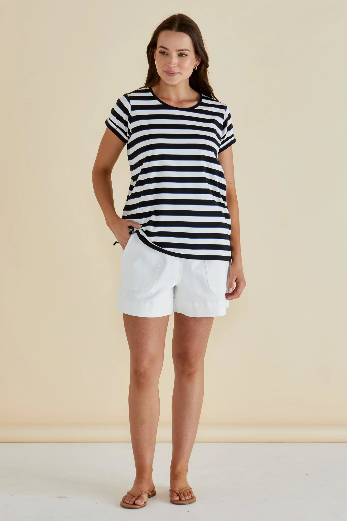 BETTY BASICS CAIA CREW TEE - BLUE/BLACK STRIPE