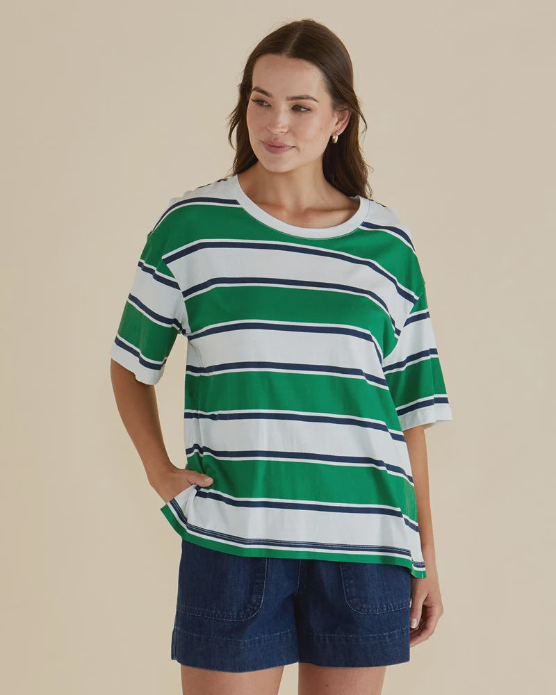 BETTY BASICS BOXY TEE - NAVY/GREEN STRIPE