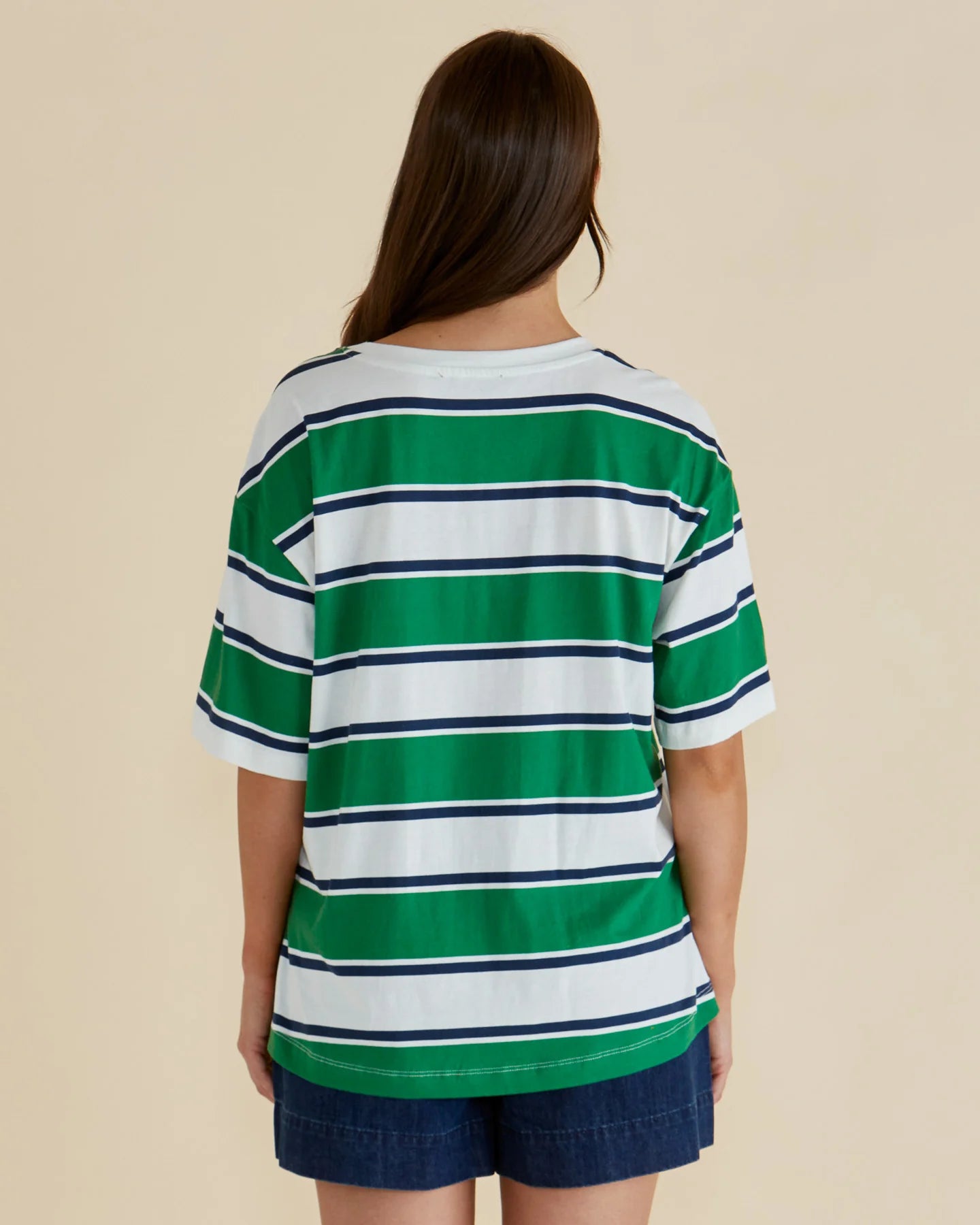 BETTY BASICS BOXY TEE - NAVY/GREEN STRIPE