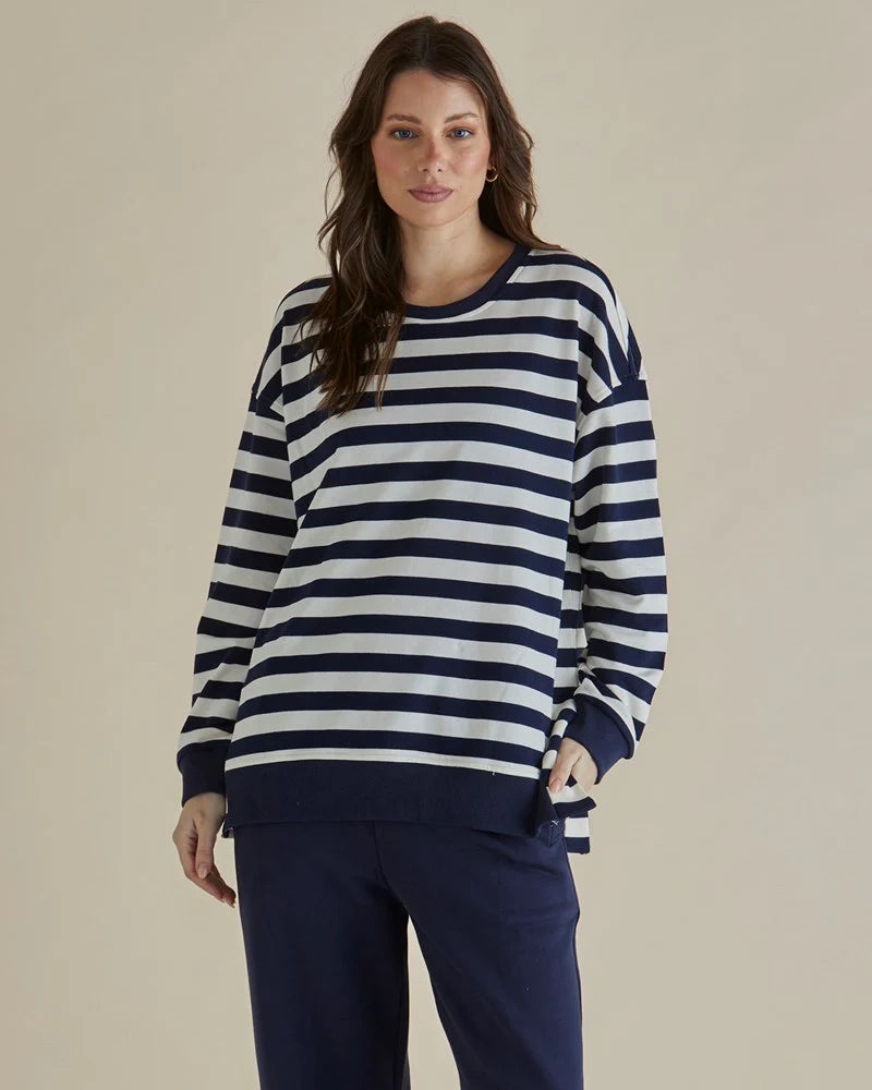 BETTY BASICS EASY CREW SWEAT - NAVY STRIPE