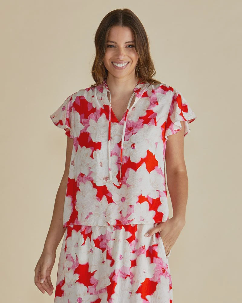 BETTY BASICS LYRA BLOUSE - RED FLORAL PRINT WAS $79.99 <<<<SALE>>>>