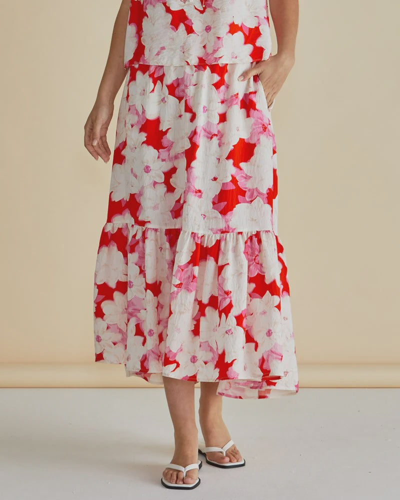 BETTY BASICS MAGGIE SKIRT - RED FLORAL PRINT