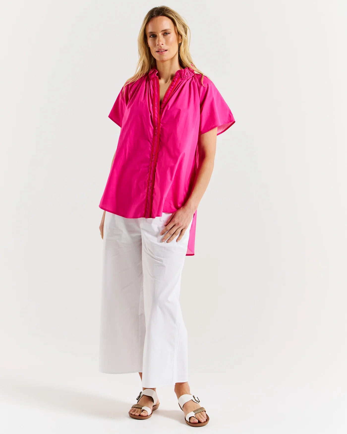 BETTY BASICS CASPIAN BLOUSE - PINK/RED TIPPING