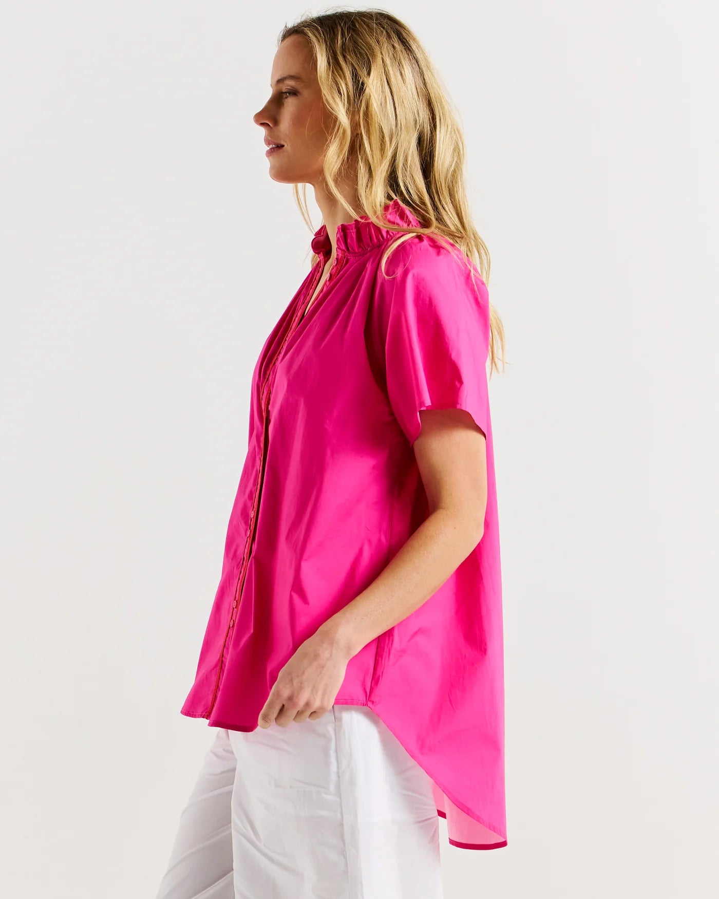 BETTY BASICS CASPIAN BLOUSE - PINK/RED TIPPING