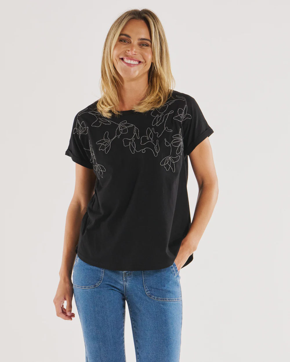 BETTY BASICS HAILEY TEE - BLACK EMBELLISHED