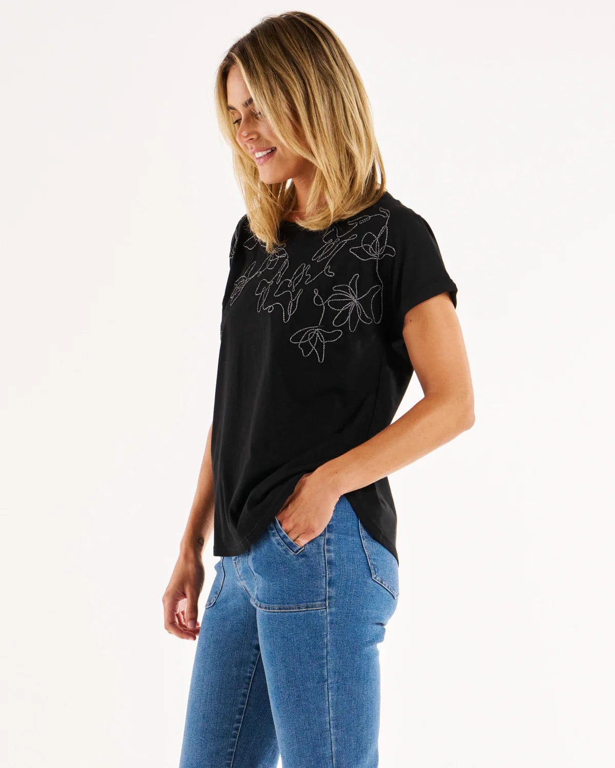 BETTY BASICS HAILEY TEE - BLACK EMBELLISHED