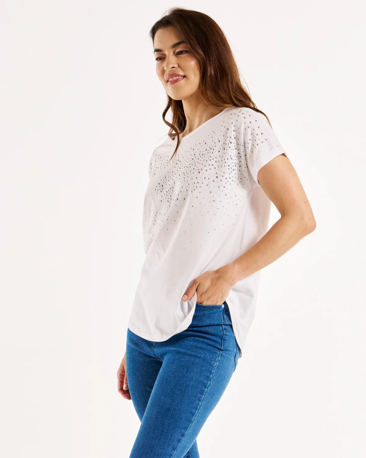 BETTY BASICS  HAILEY TEE - WHITE  STUDS