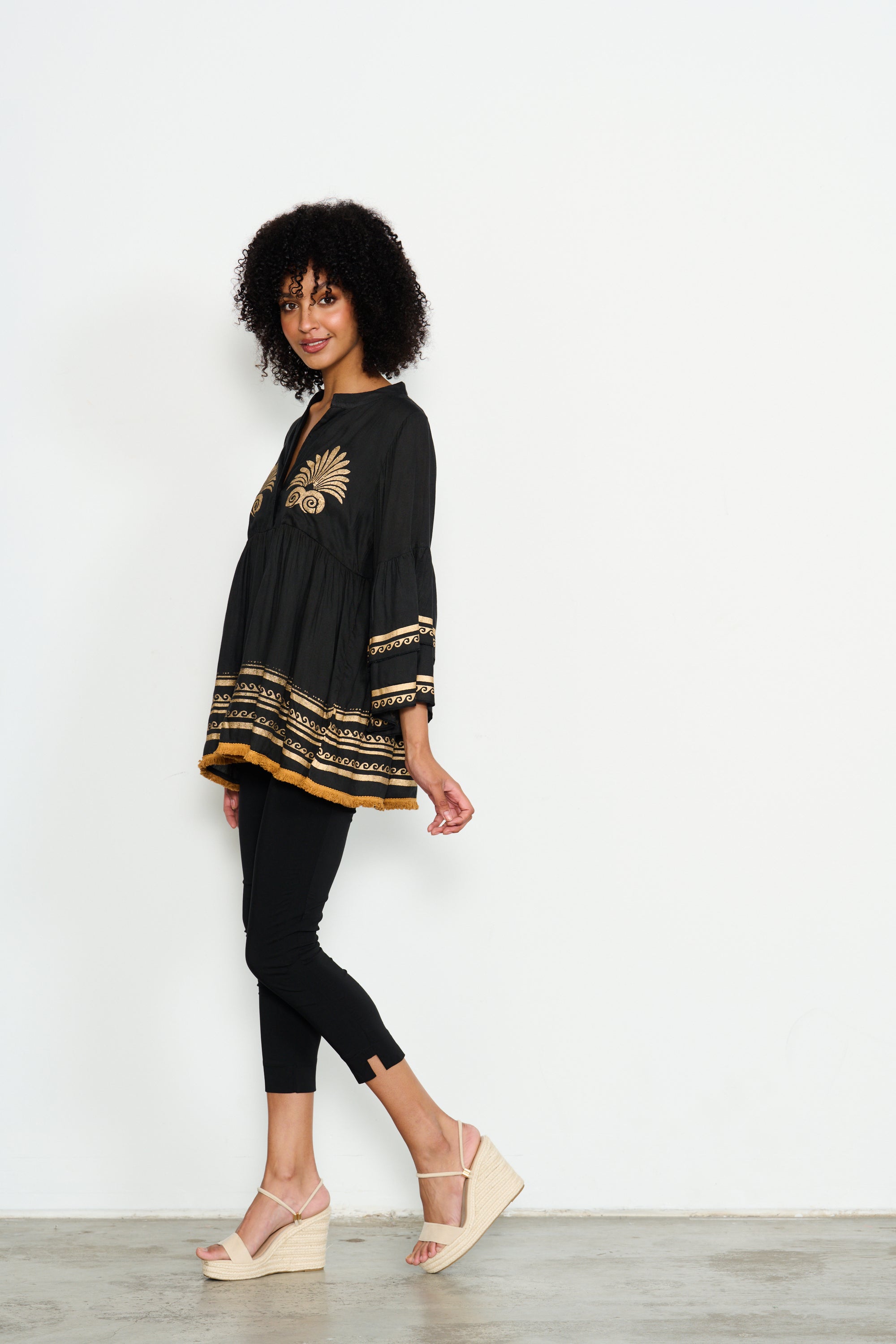 CAJU BLACK/GOLD MEDALLION BABY DOLL BLOUSE