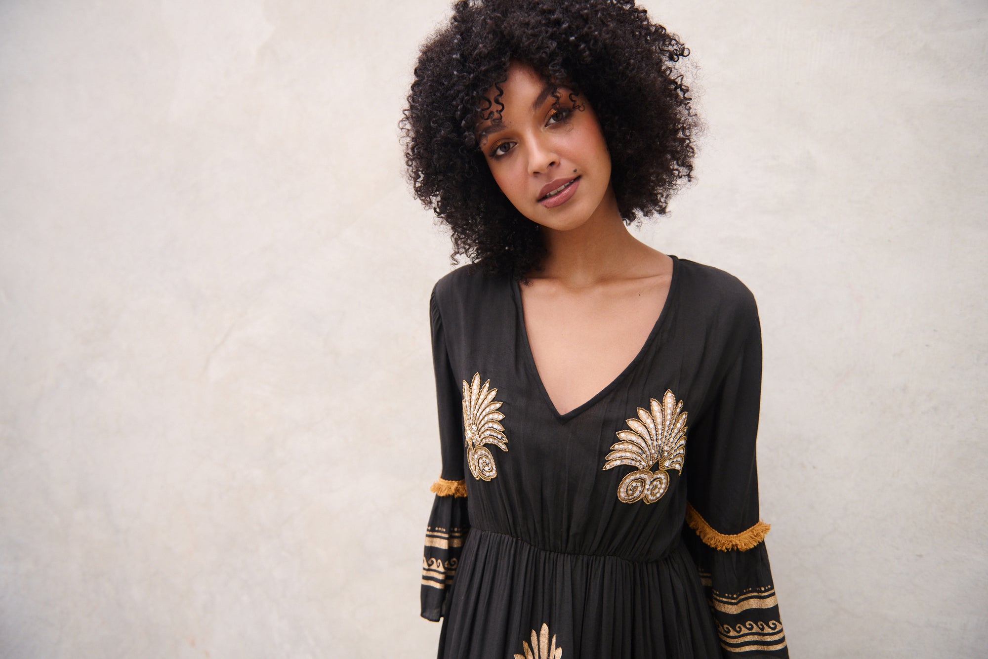 CAJU BEADED BLACK/GOLD MEDALLION DRESS