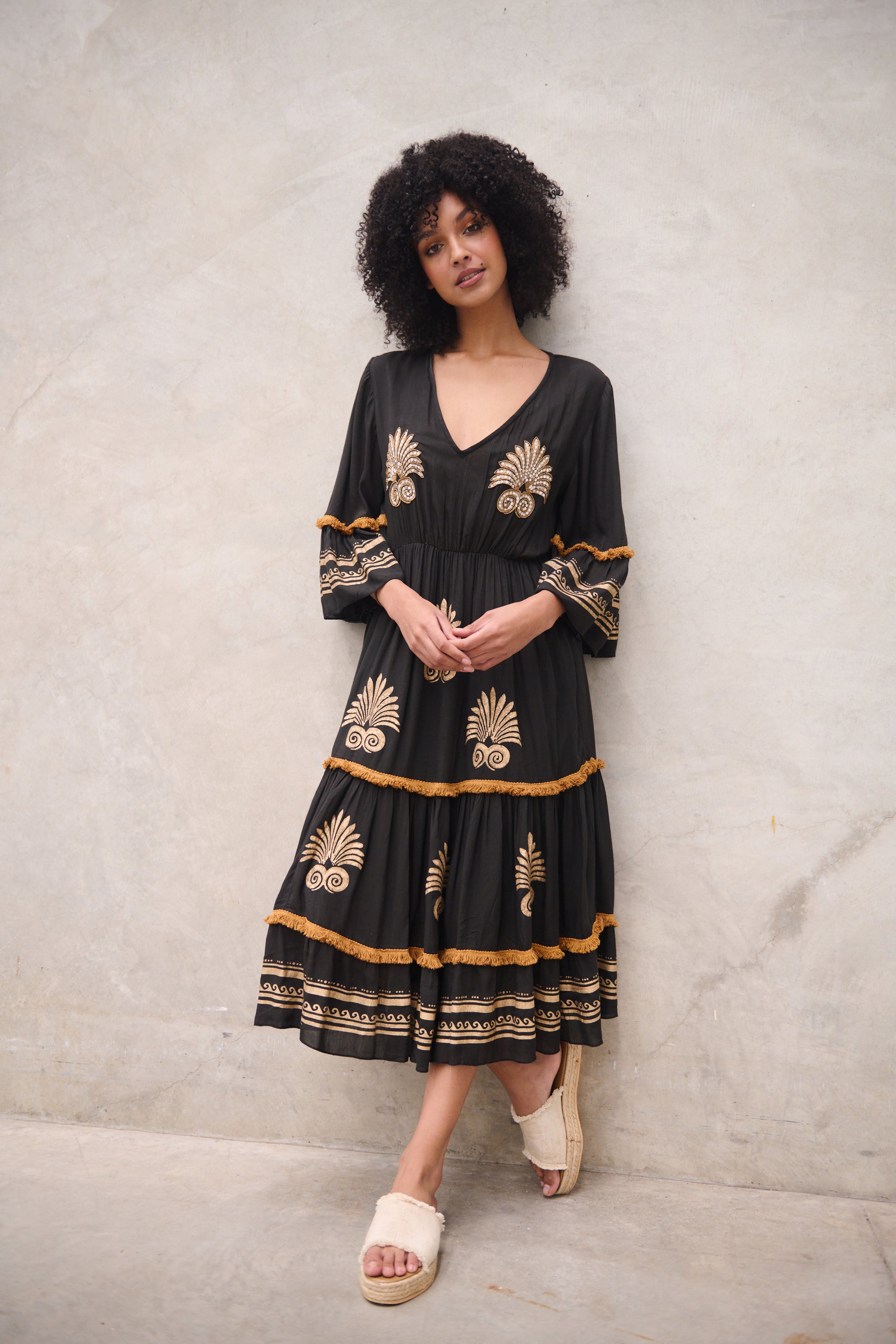 CAJU BEADED BLACK/GOLD MEDALLION DRESS