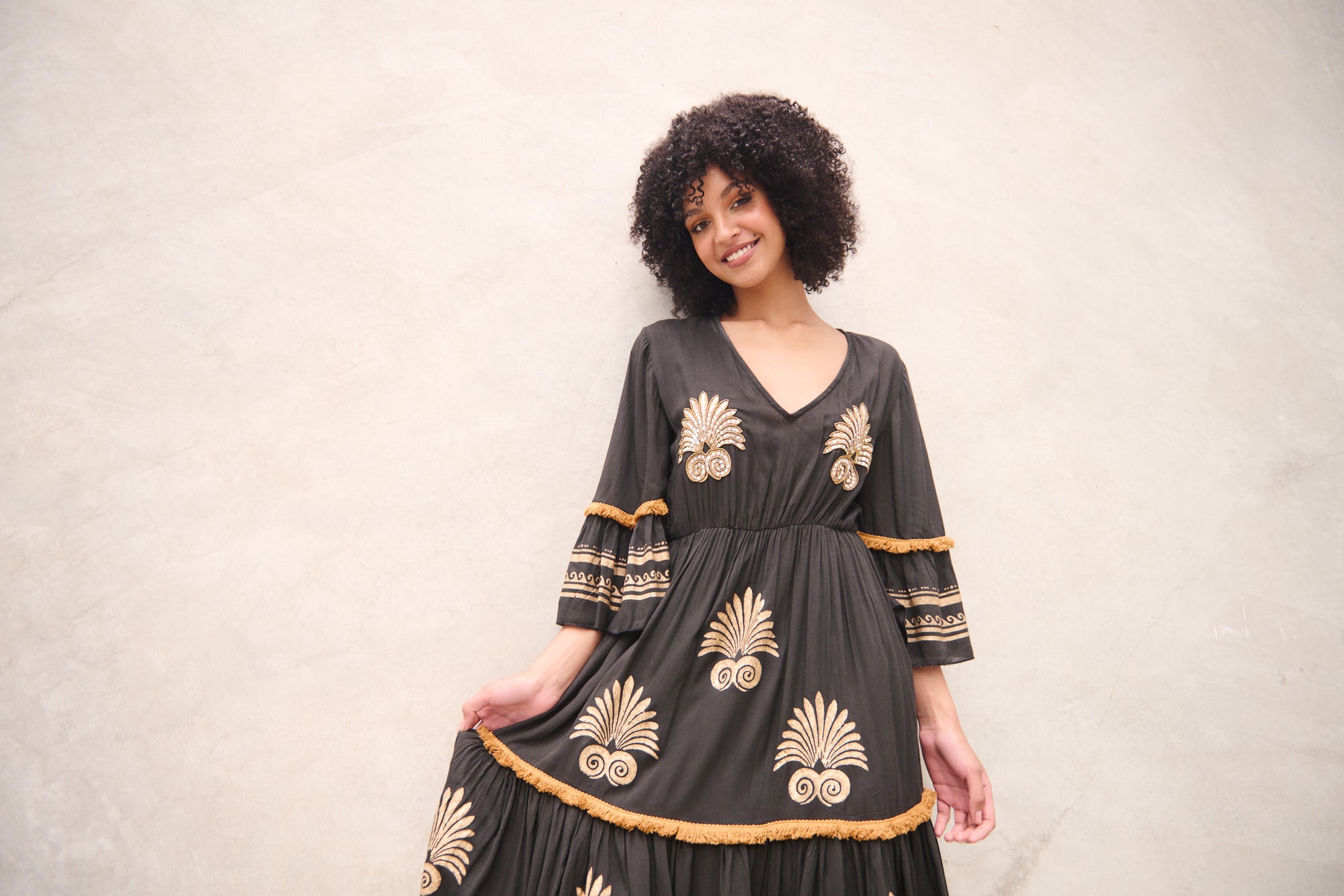 CAJU BEADED BLACK/GOLD MEDALLION DRESS