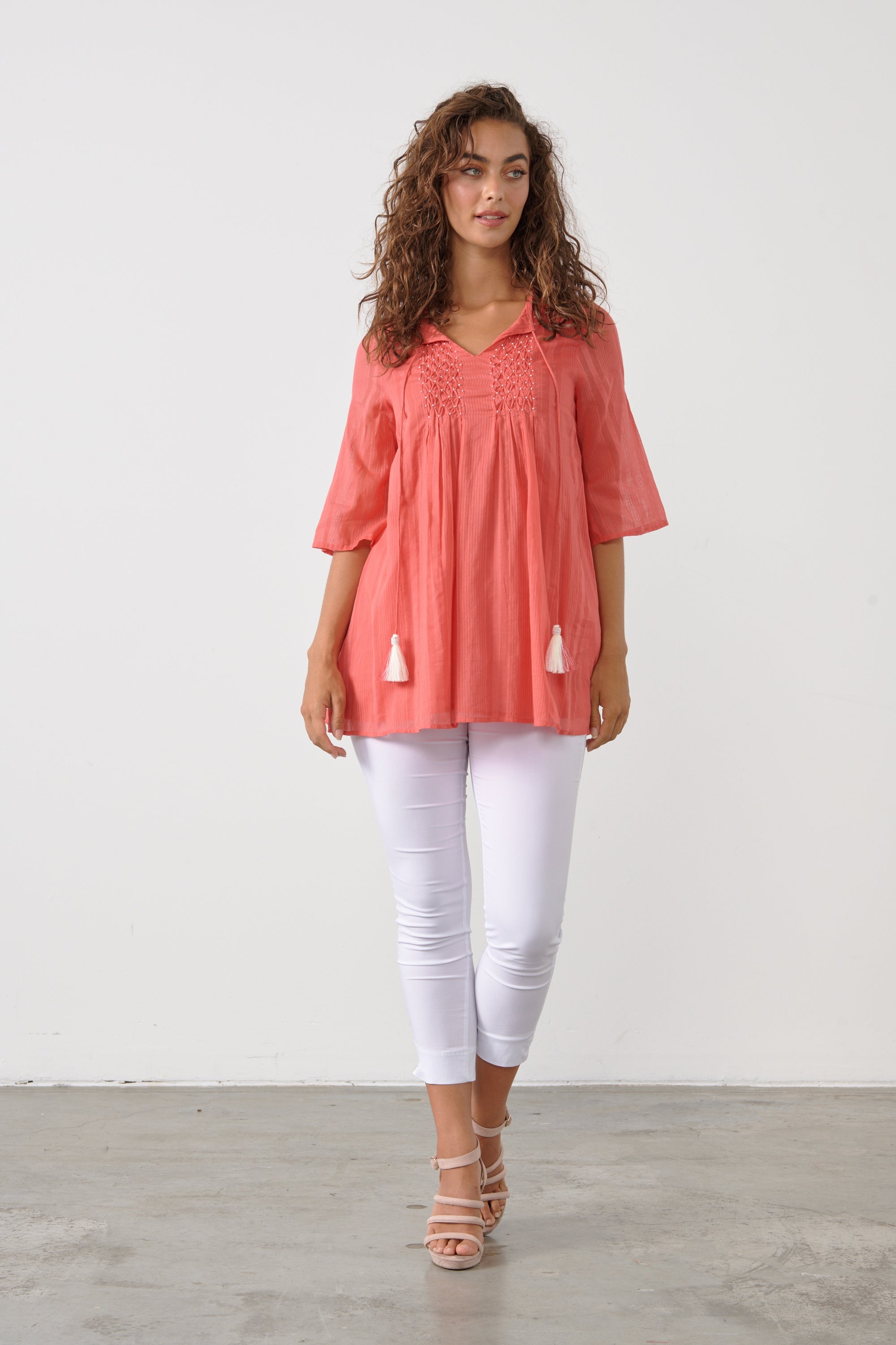 COTTON SMOCKED BEADED TOP - MELON