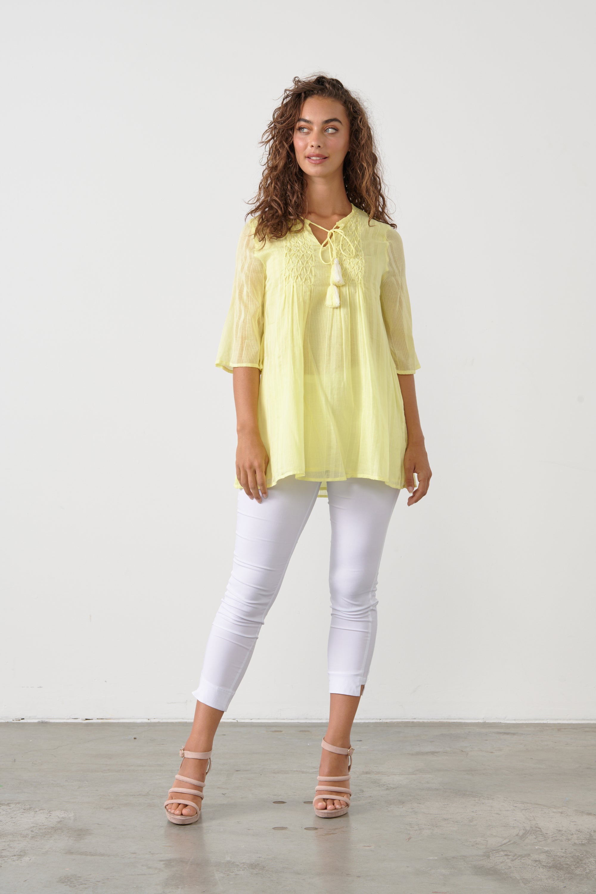 COTTON SMOCKED BEADED TOP - PINEAPPLE