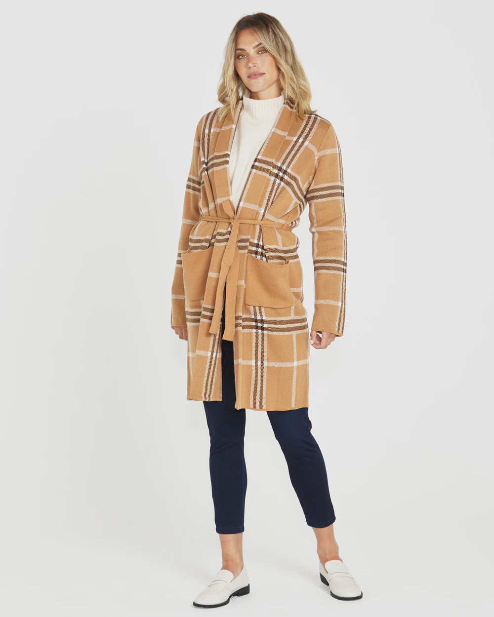 BETTY BASICS HAMPSHIRE CARDIGAN - BEIGE PLAID