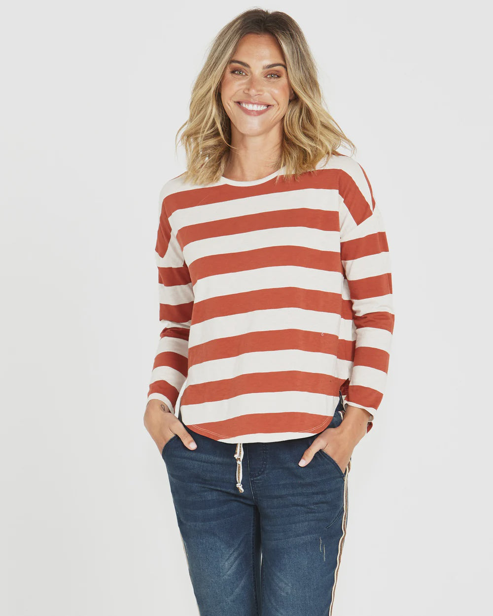 BETTY BASICS JESSIE LONG SLEEVE TEE  - DUSTY TERRACOTTA STRIPE