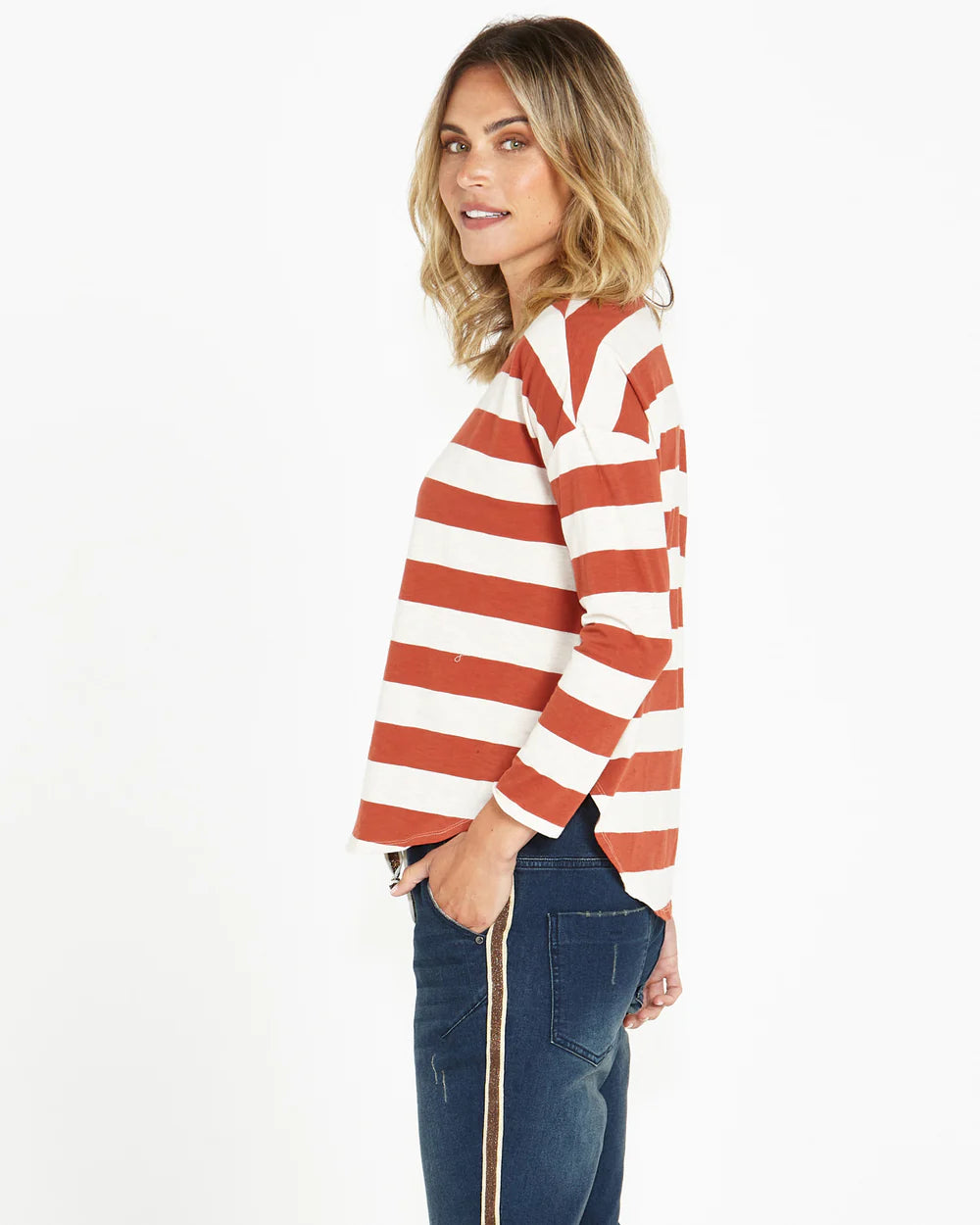 BETTY BASICS JESSIE LONG SLEEVE TEE  - DUSTY TERRACOTTA STRIPE