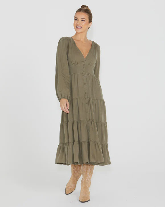 SASS CHARITY TIERED MIDI DRESS - KHAKI