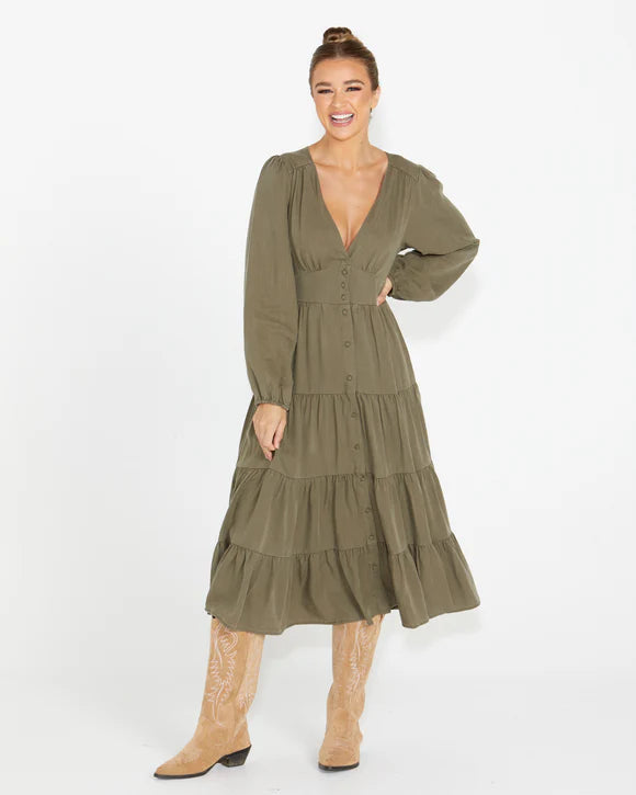 SASS CHARITY TIERED MIDI DRESS - KHAKI