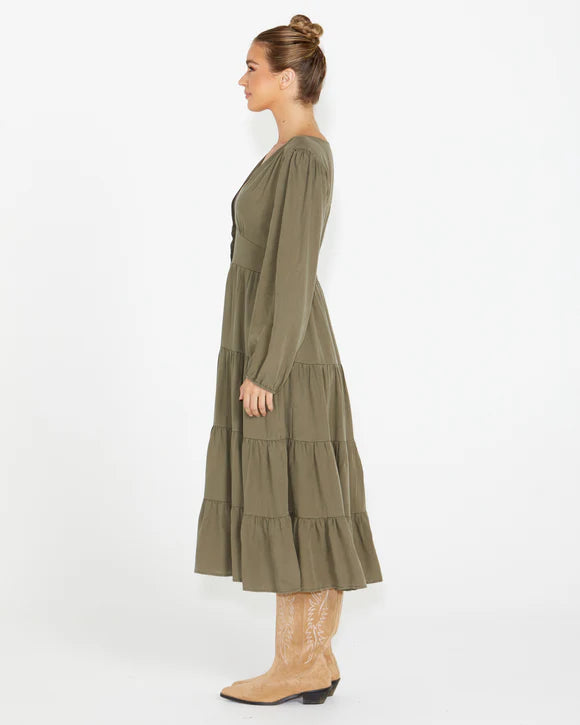 SASS CHARITY TIERED MIDI DRESS - KHAKI