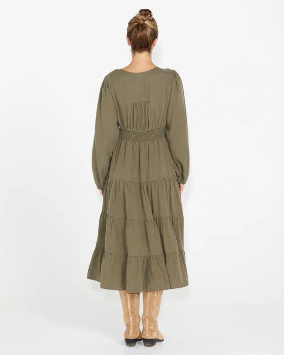 SASS CHARITY TIERED MIDI DRESS - KHAKI