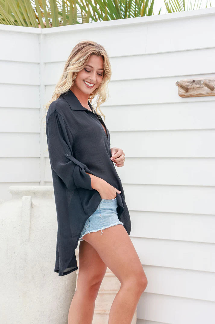 FREE SIZE BEACH SHIRT DRESS - BLACK