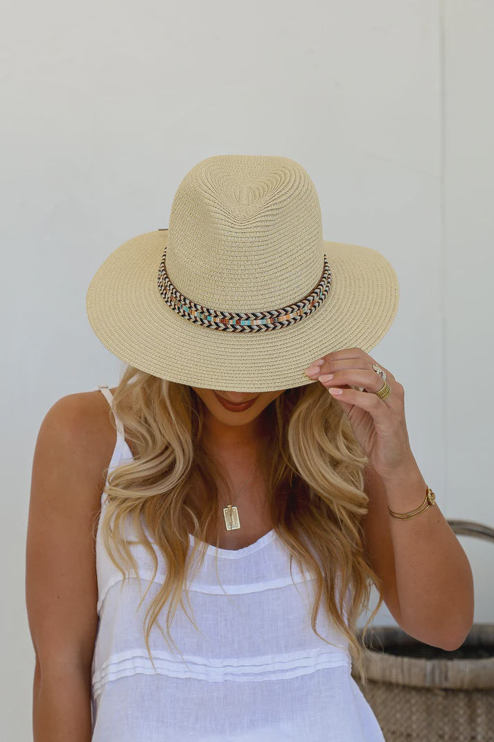 CLASSIC  PANAMA HAT WITH EMBELLISHED TRIM - NATURAL