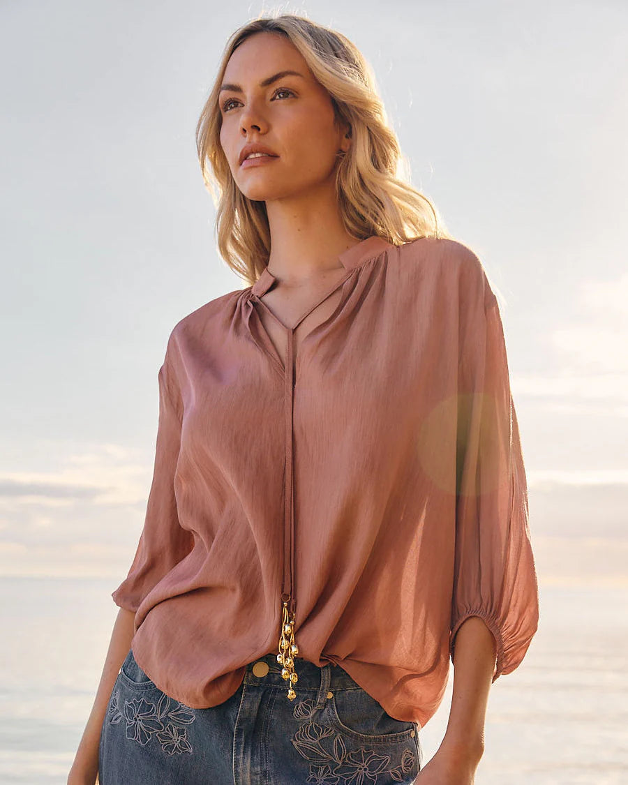FATE + BECKER SHAE SPLIT NECK BLOUSE - TERRACOTTA PINK was $149.99 <<<SALE>>>>