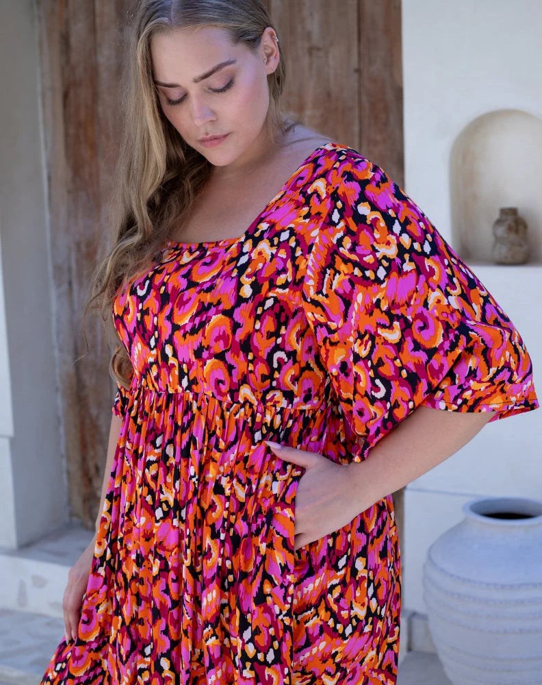 FREEZ KALANI DRESS - ORANGE/BLACK MULTI