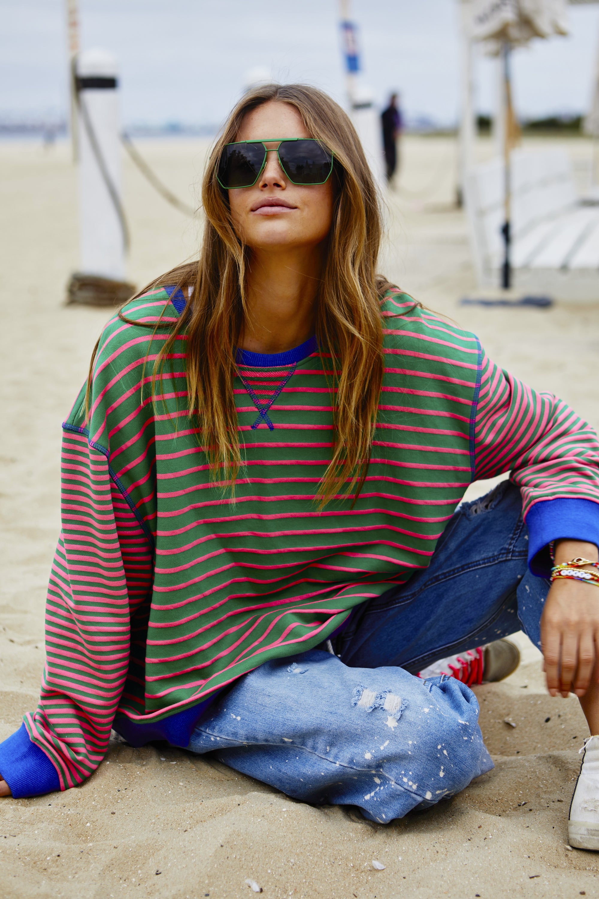 HAMMILL + CO STRIPED SWEATSHIRT - GREEN/PINK