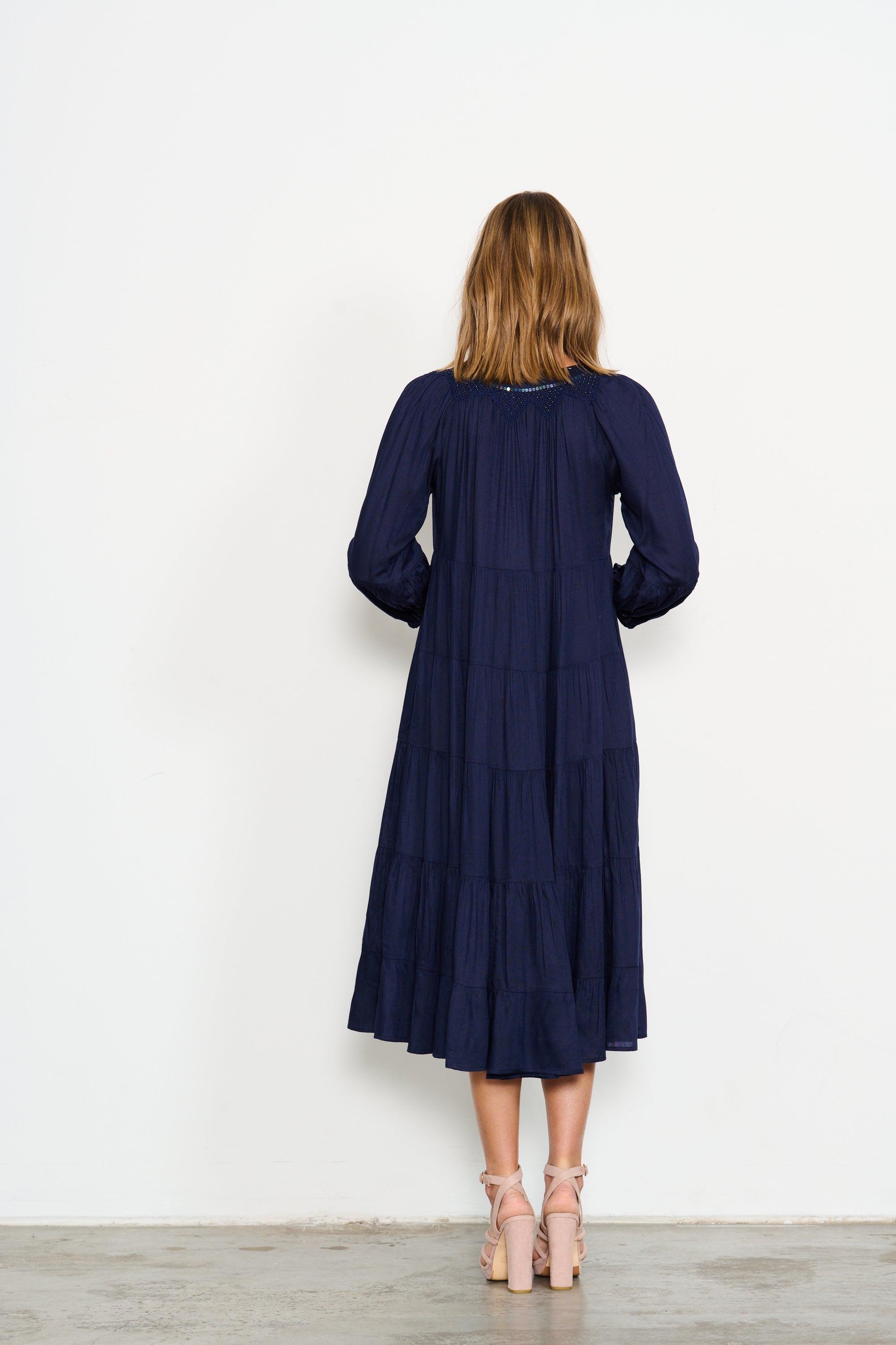 HAND BEADED NECK TRIM DRESS - NAVY