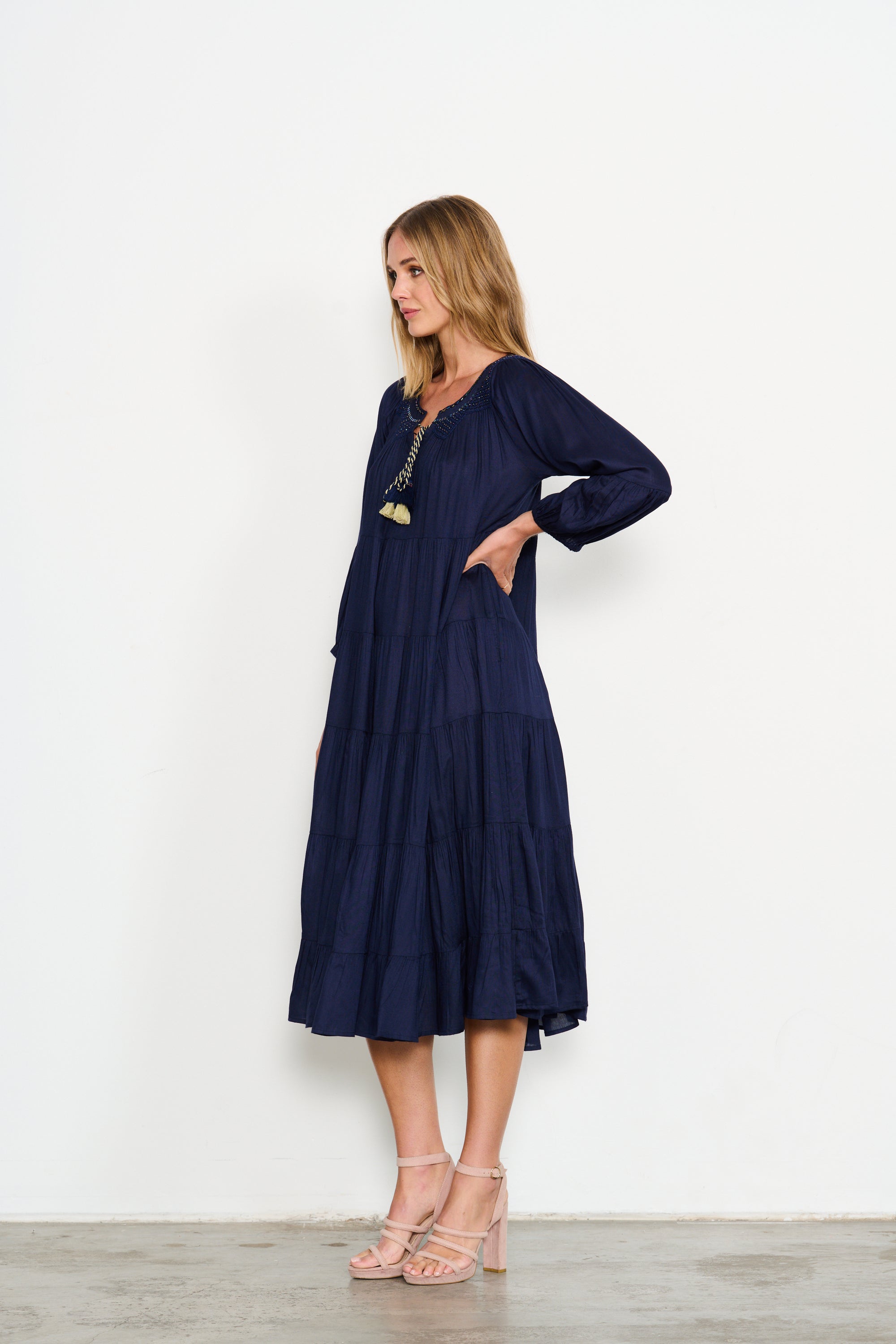 HAND BEADED NECK TRIM DRESS - NAVY