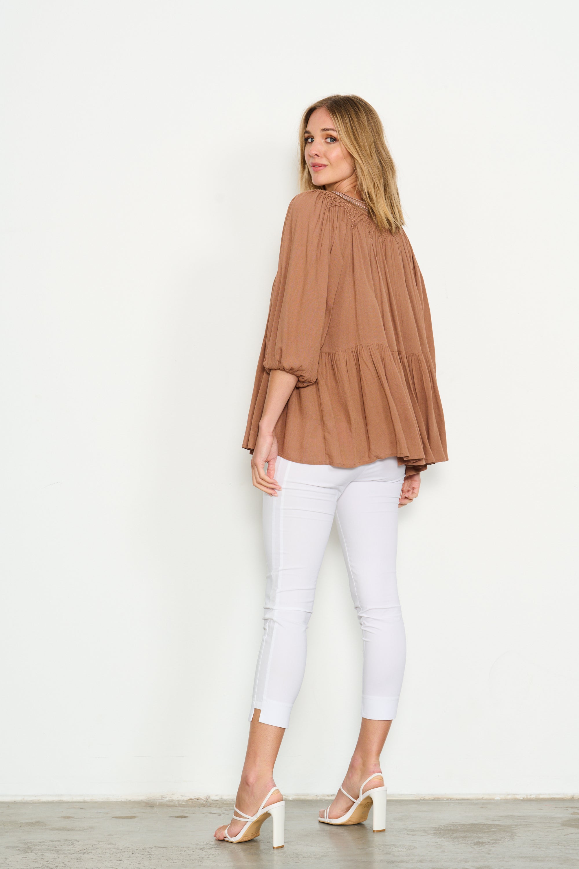 HAND BEADED NECK TRIM BLOUSE - MOCHA SALE WAS $89.90.... NOW....