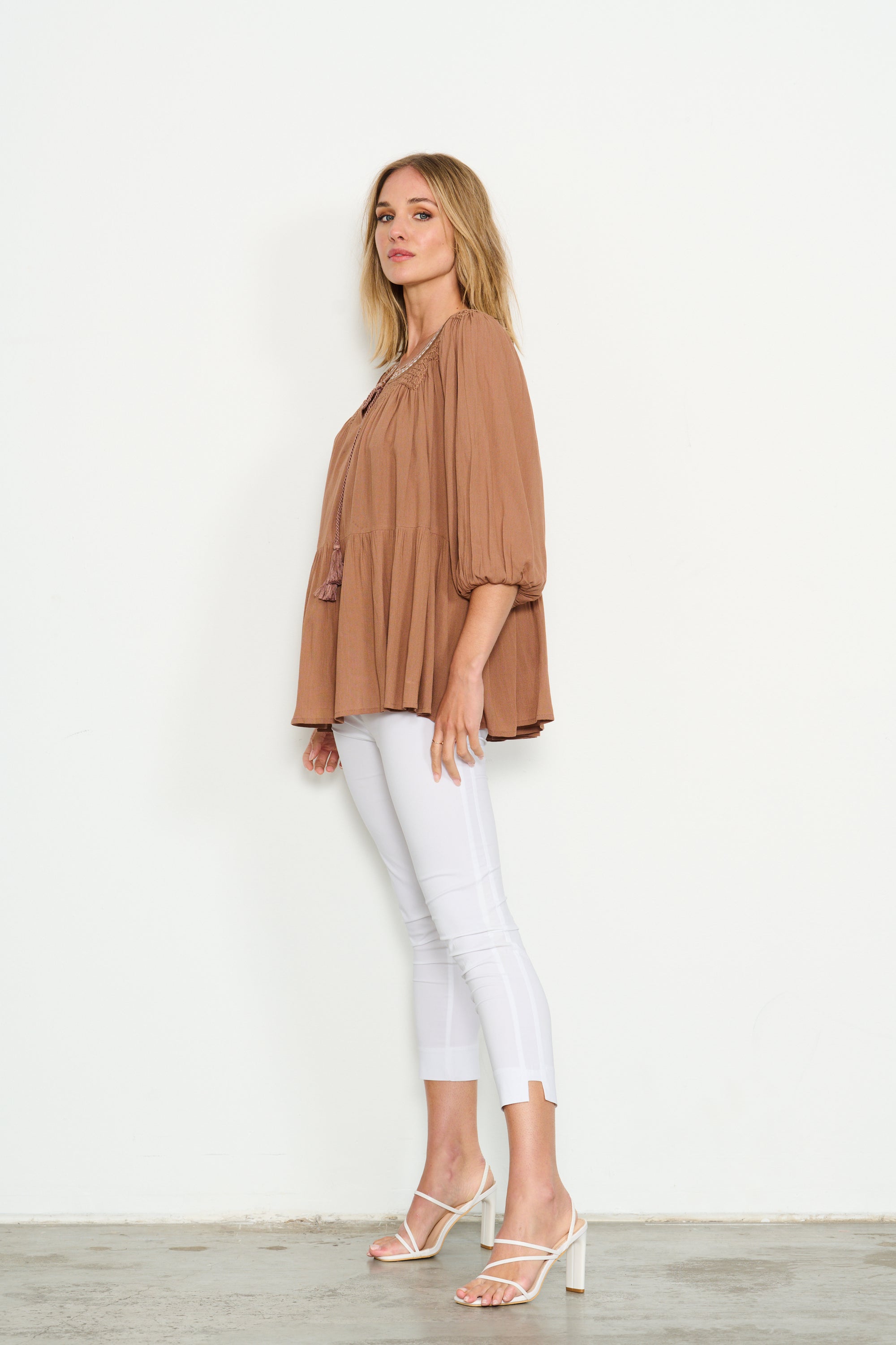 HAND BEADED NECK TRIM BLOUSE - MOCHA SALE WAS $89.90.... NOW....