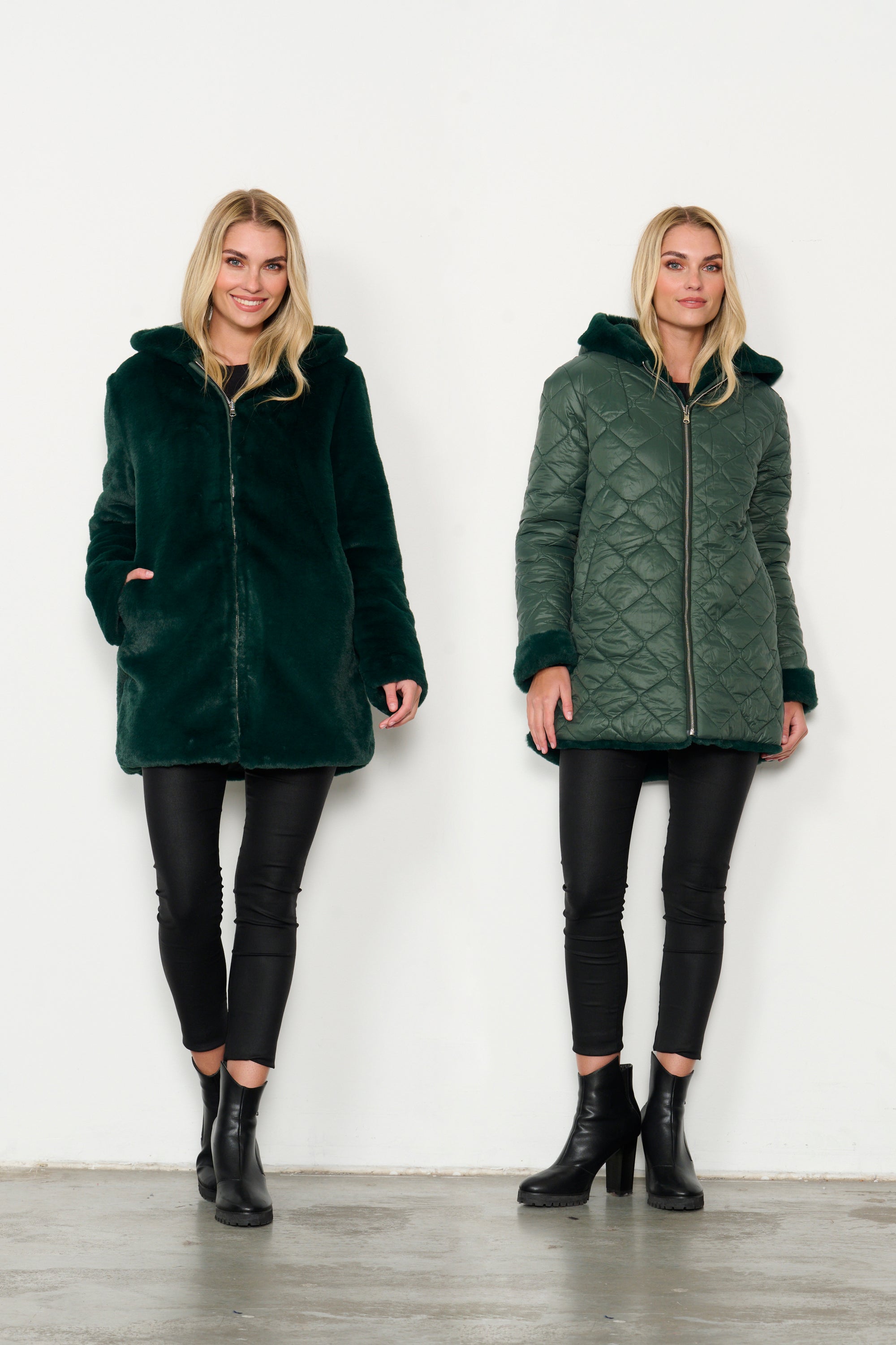 REVERSIBLE PUFFER/FAUX FUR COAT - FOREST