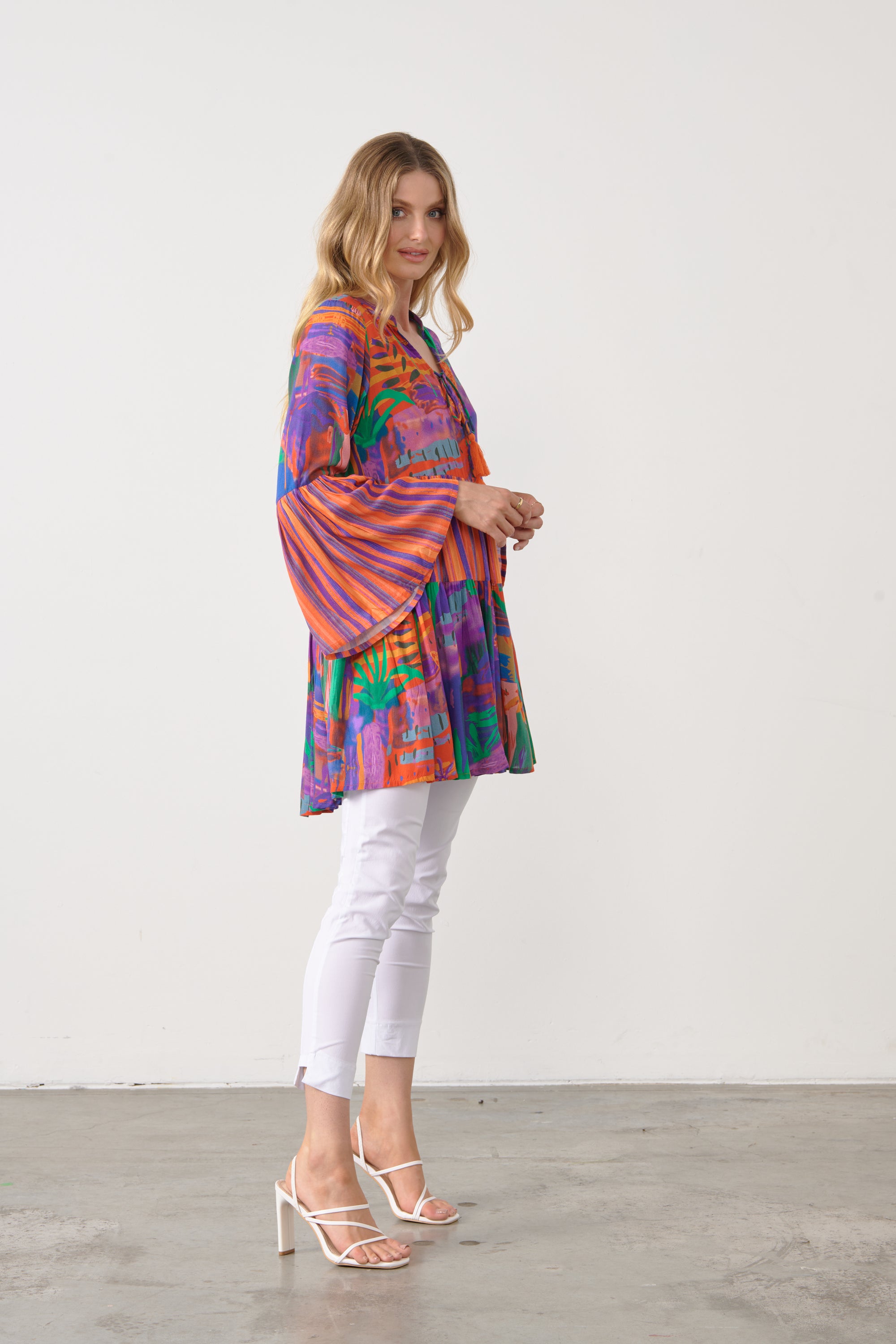 CARNIVAL PRINT TUNIC TASSLE TIE TOP