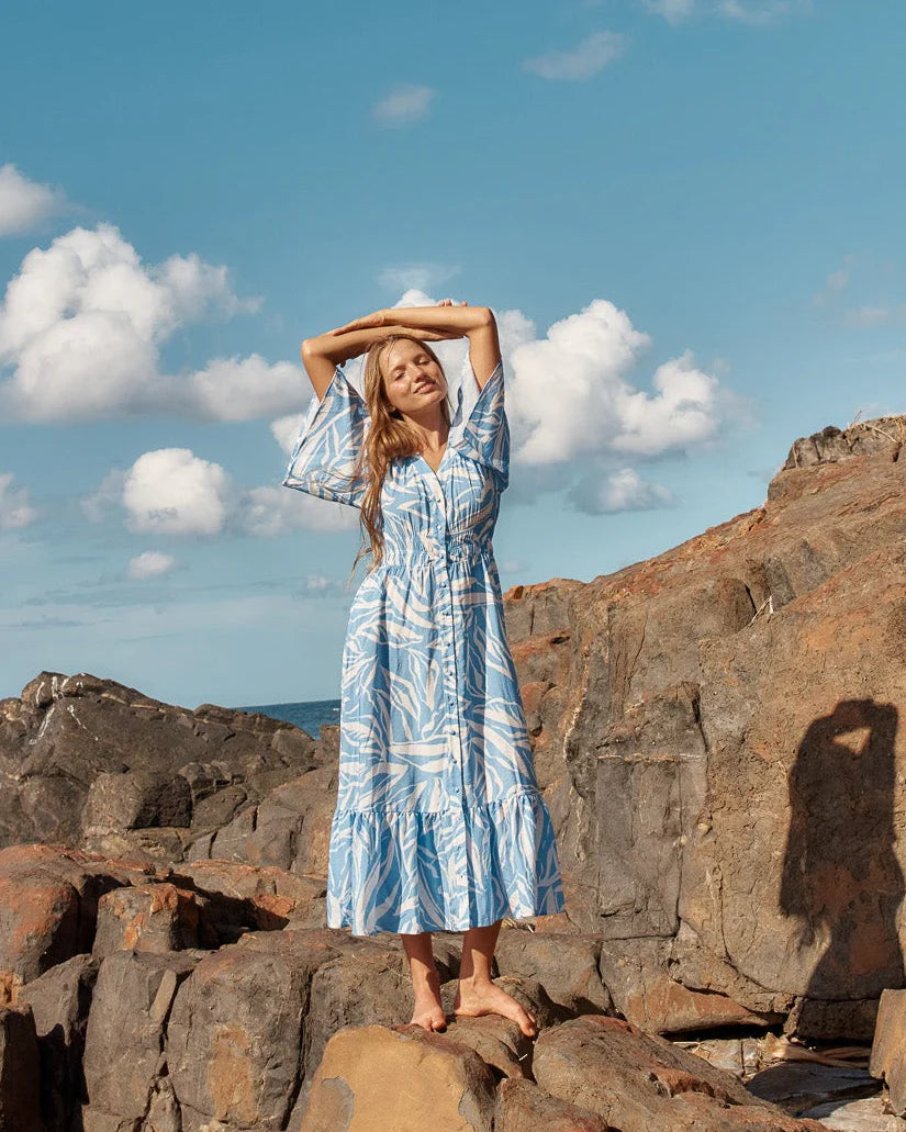 BETTY BASICS MOXIE DRESS - BLUE ABSTRACT PRINT