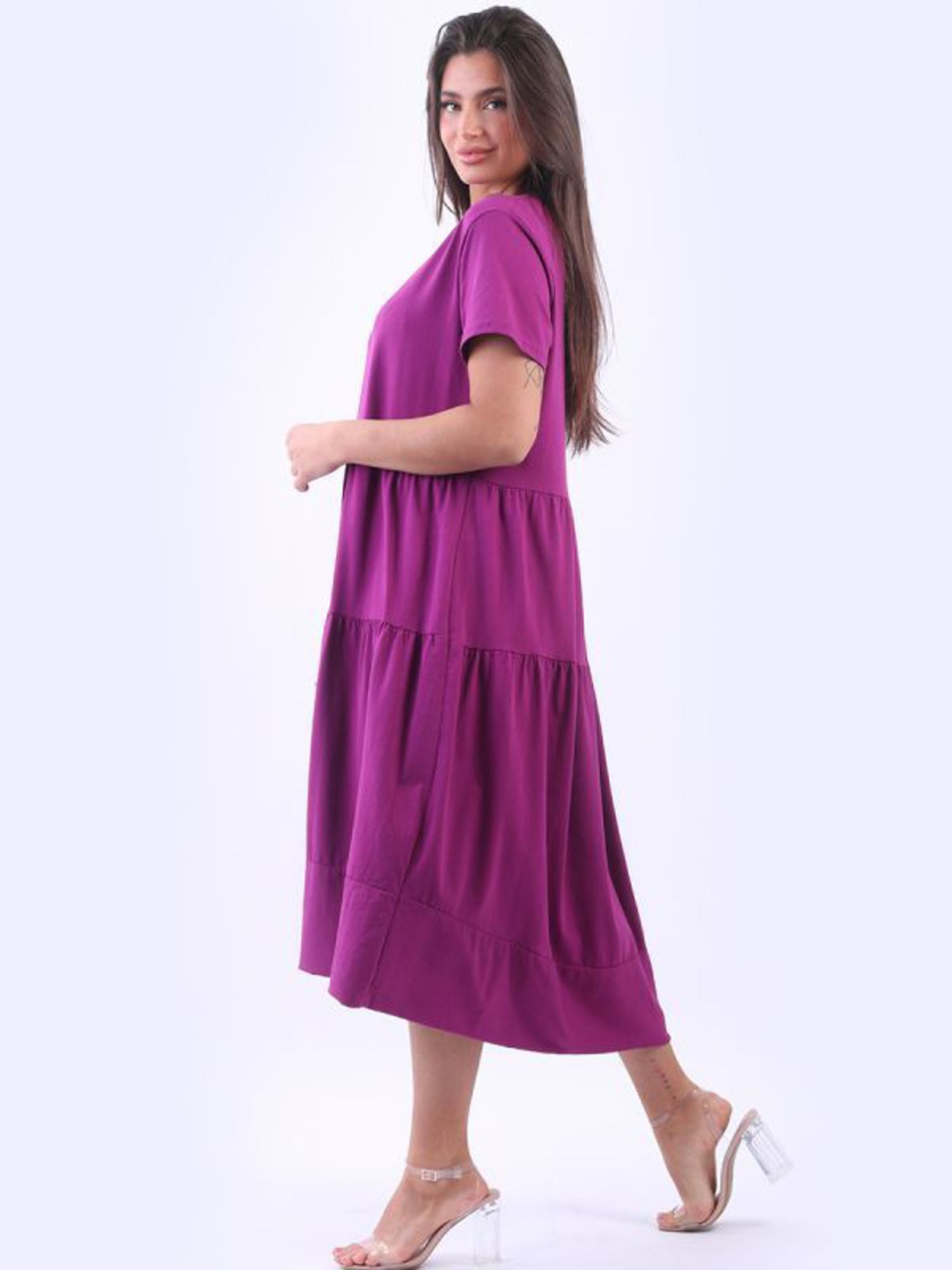 MATILDA TIERED COTTON DRESS - MAGENTA - ONE SIZE