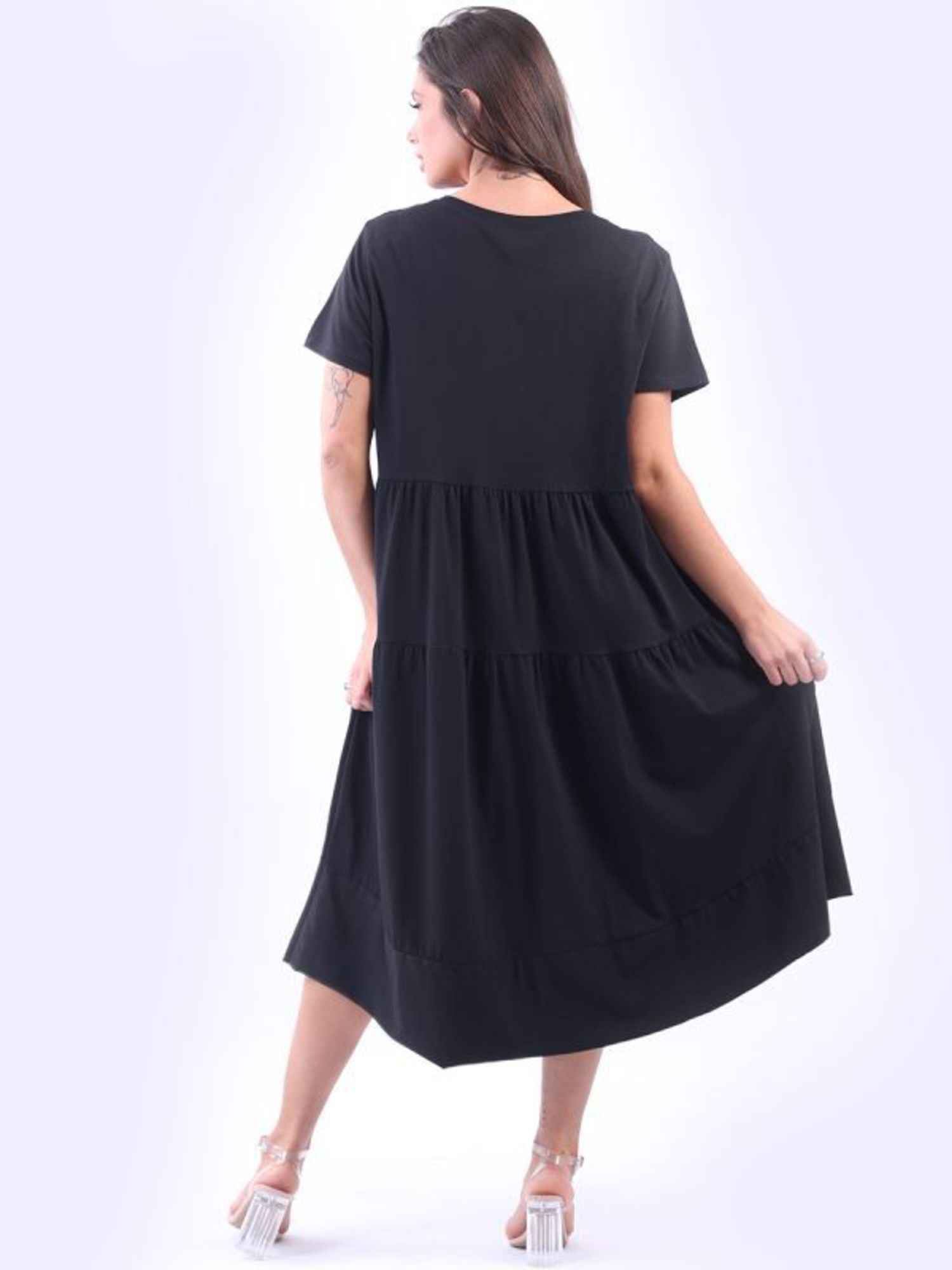 MATILDA TIERED COTTON DRESS - BLACK- ONE SIZE