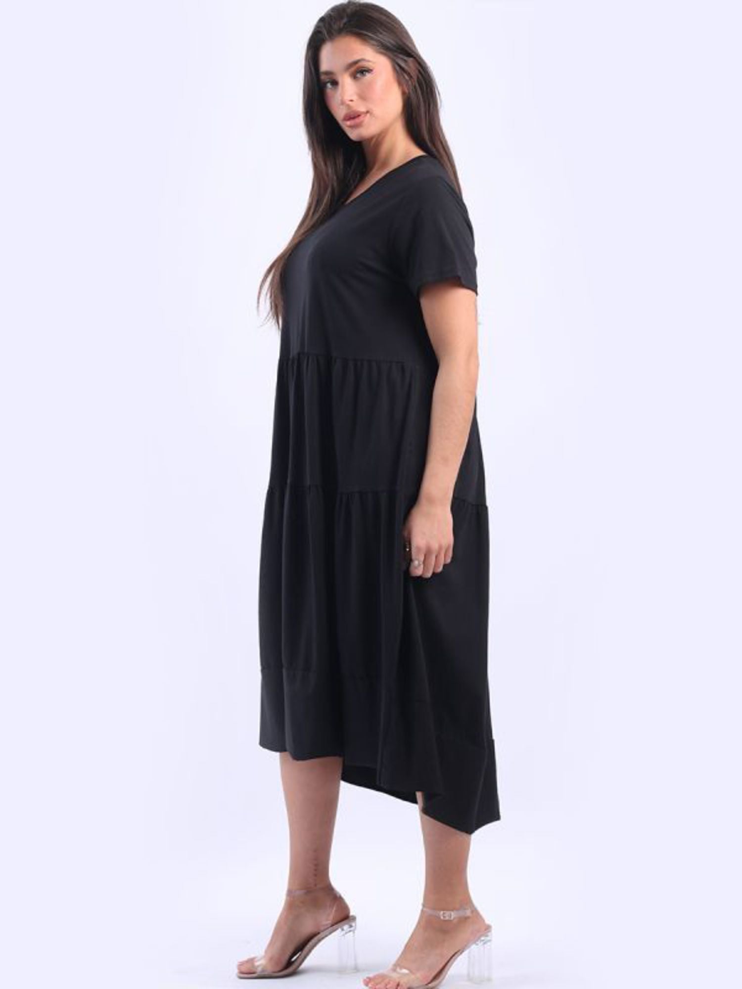 MATILDA TIERED COTTON DRESS - BLACK- ONE SIZE