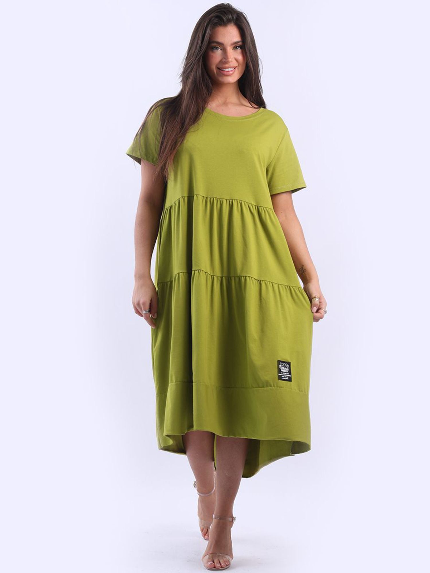 MATILDA TIERED COTTON DRESS - LIME- ONE SIZE