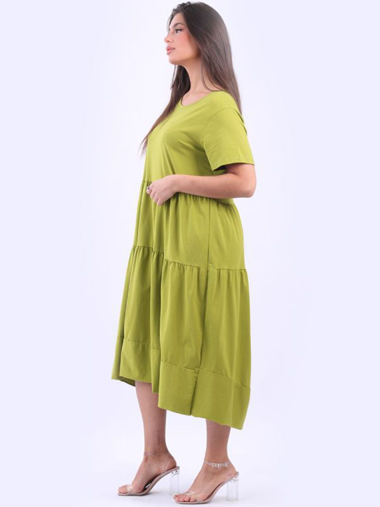 MATILDA TIERED COTTON DRESS - LIME- ONE SIZE